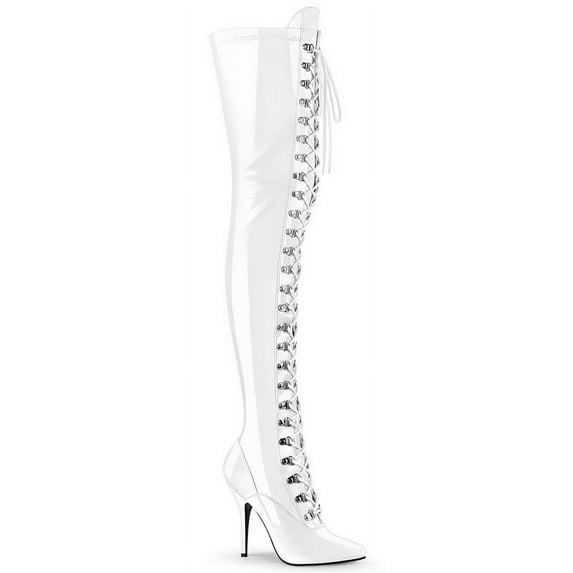 Pleaser SEDUCE-3024 Single Soles : Thigh High Boots, 5" Heel-Wht Pat-14