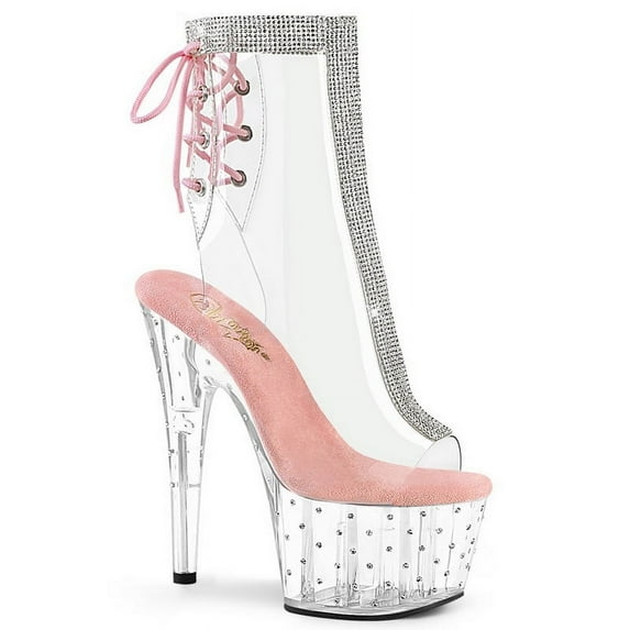 Pleaser STARDUST-1018C-2RS 7" Heel, 2 3/4" PF Open Toe/Heel Ankle Boot w/RS-Clr-B. Pink/Clr-10