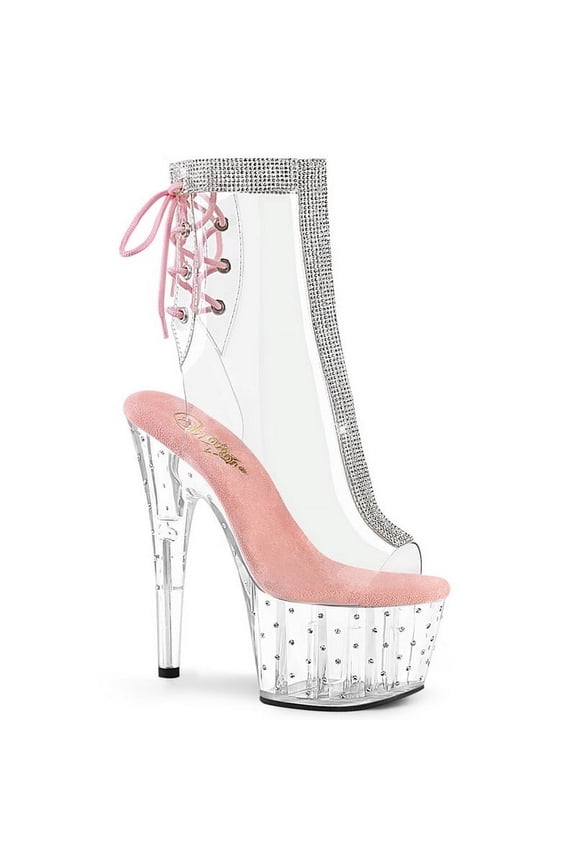 STARDUST-1018C-2RS 7" Heel, 2 3/4" PF Open Toe/Heel Ankle Boot w/RS-Clr-B. Pink/Clr-7