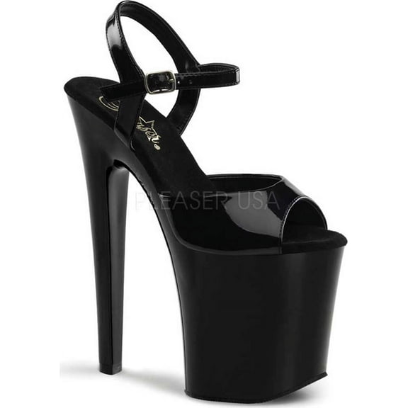 Pleaser XTREME-809 - 8" Heel, 4" Slv Chrome Pf Ankle Strap Sandal-Blk Pat/Blk-8
