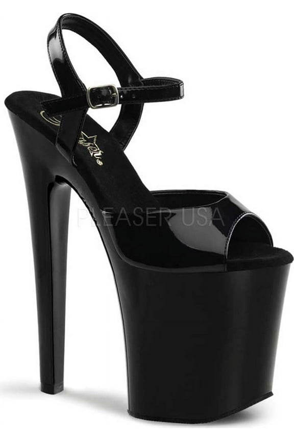 XTREME-809 - 8" Heel, 4" Slv Chrome Pf Ankle Strap Sandal-Blk Pat/Blk-8