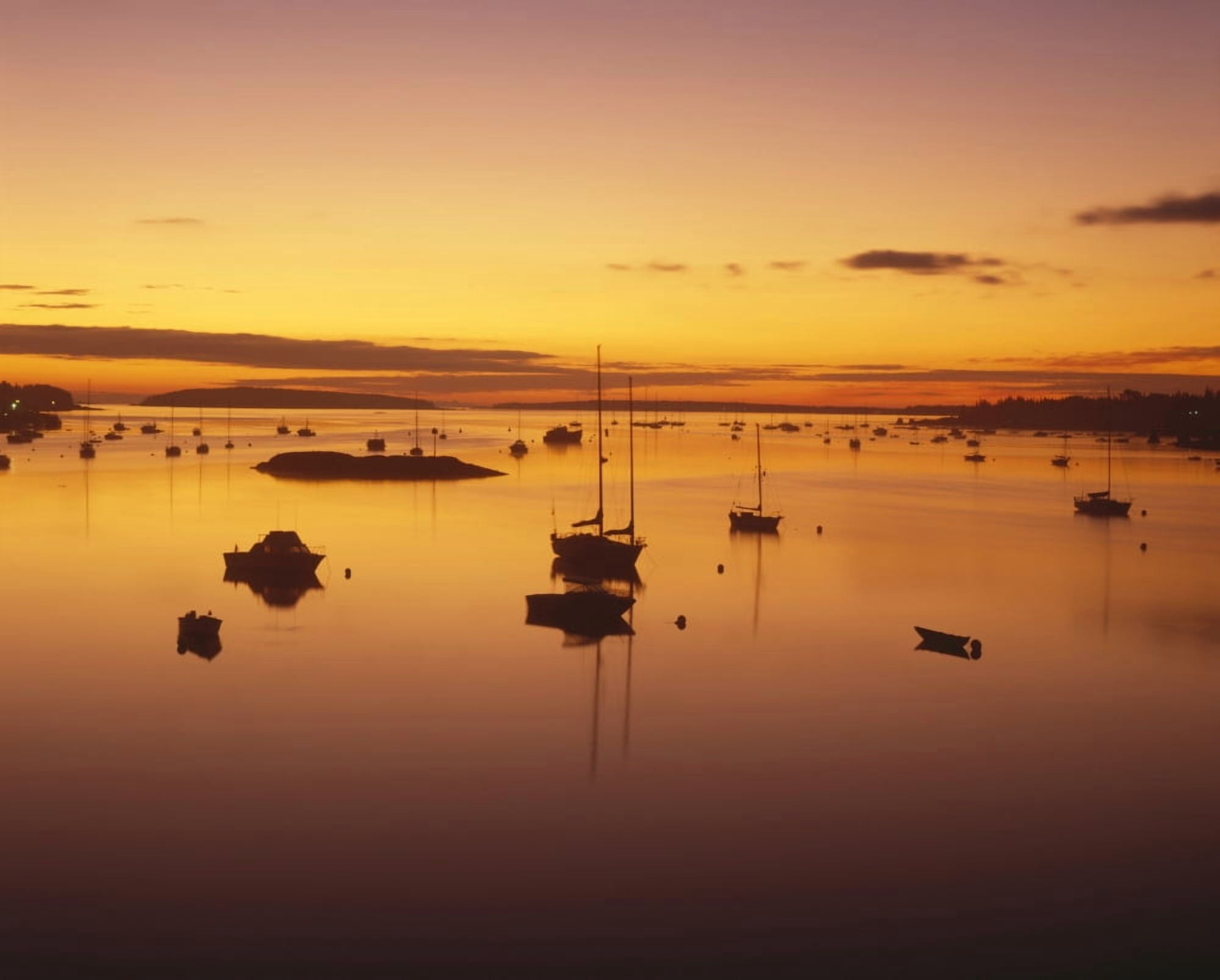 Pleasure boats moored in Southwest Harbor before sunrise Mt Desert Island Maine Canvas Art - Panoramic Images (22 x 27)