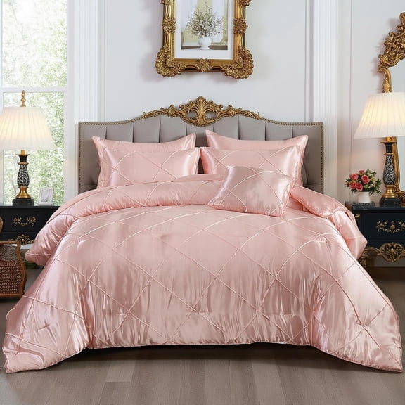 Pleat Satin Pink King Comforter Set,Luxury Satin Comforter Set with Sheets,8 Pcs Geometric Pleat Satin Bed Set with 1 Satin Comforter 4 Pillowcases 1 Flat Sheet 1 Fitted Sheet 1 Cushion Cover