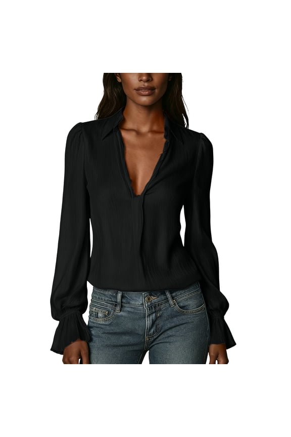 Pleated Back Flared Ruffle Cuff Blouse Pointed Collar Split V Neck Crinkle Textured Long Sleeve Solid Elegant Top for Women S-XXL