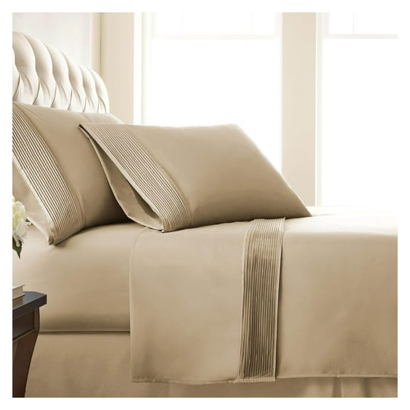 Pleated Beige Sheet Set, Queen Size Extra Deep Pocket Sheets with Fitted and Flat Sheet, 2 Queen Pillowcases | Microfiber Bedsheets | Soft Sand
