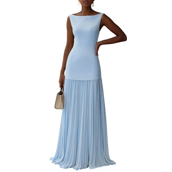 Pleated Bridesmaid Dresses for Women Boat Neck Formal Dresss Long A Line Wedding Guest Party Dress Light Blue S