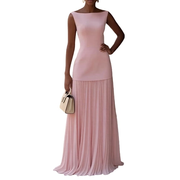 Pleated Bridesmaid Dresses for Women Boat Neck Formal Dresss Long A Line Wedding Guest Party Dress Pink L