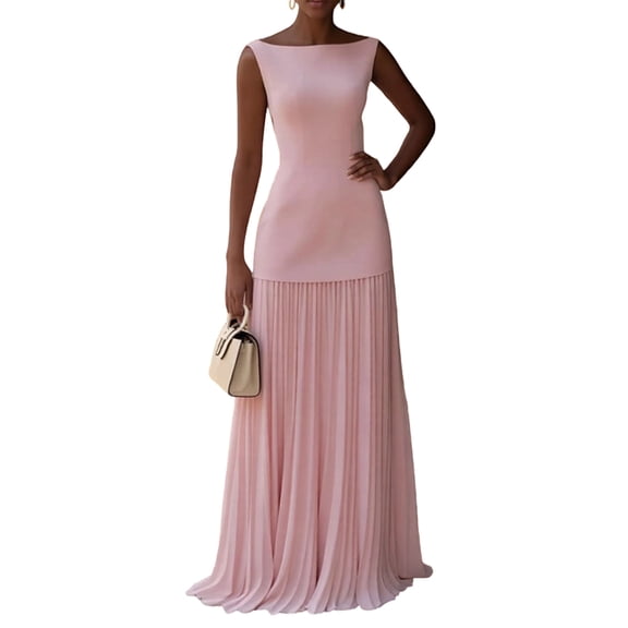Pleated Bridesmaid Dresses for Women Boat Neck Formal Dresss Long A Line Wedding Guest Party Dress Pink XL