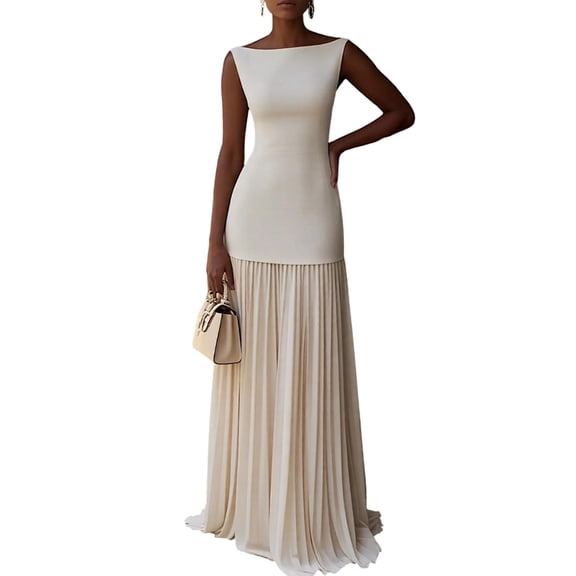 Pleated Bridesmaid Dresses for Women Boat Neck Formal Dresss Long A Line Wedding Guest Party Dress White S