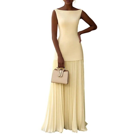 Pleated Bridesmaid Dresses for Women Boat Neck Formal Dresss Long A Line Wedding Guest Party Dress Yellow M