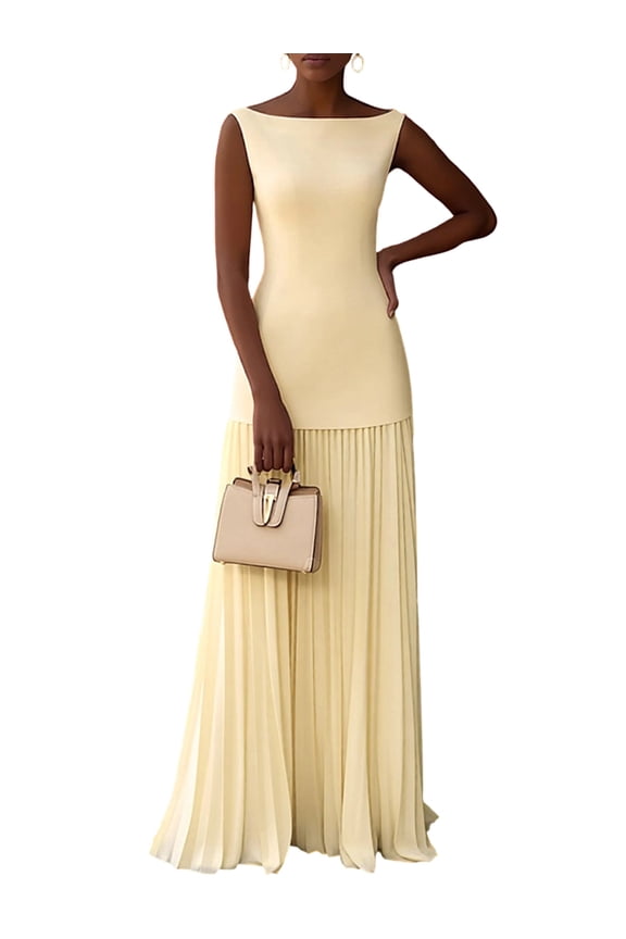 Pleated Bridesmaid Dresses for Women Boat Neck Formal Dresss Long A Line Wedding Guest Party Dress Yellow M