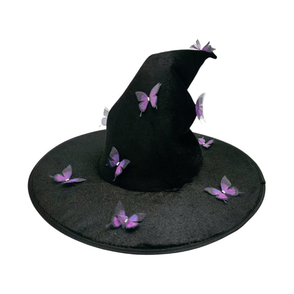 Pleated Butterfly Witch Hat Ruched Wizard Cap Decorative Halloween Costume Accessory for Women Black Purple