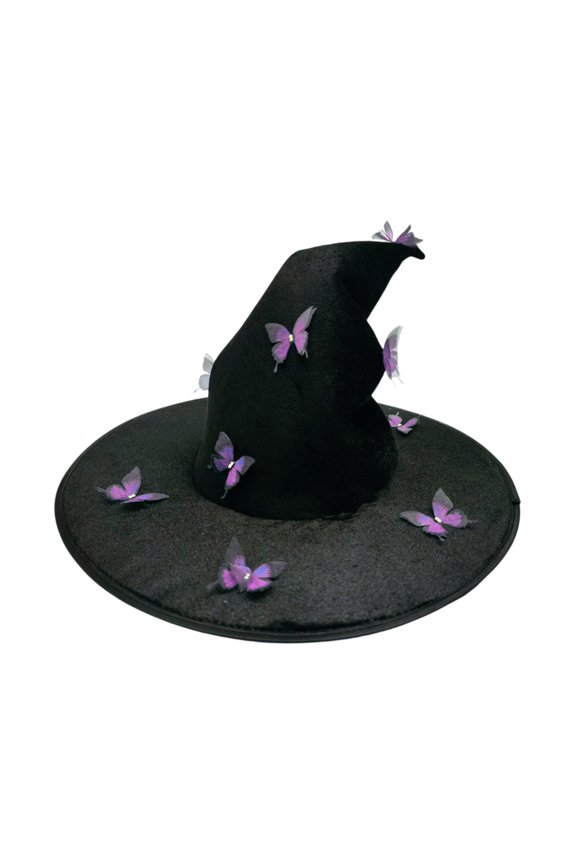 Pleated Butterfly Witch Hat Ruched Wizard Cap Decorative Halloween Costume Accessory for Women Black Purple