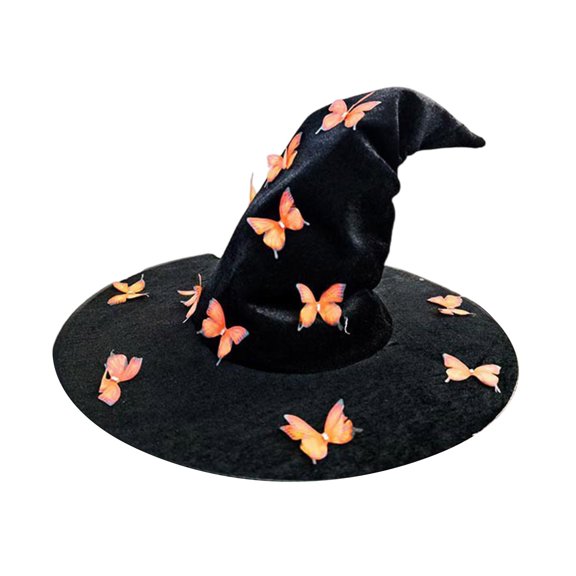 Pleated Butterfly Witch Hat Ruched Wizard Cap Decorative Halloween Costume Accessory for Women Black Saffron