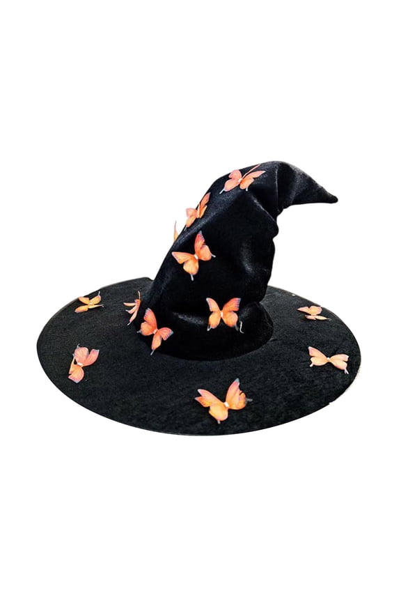 Pleated Butterfly Witch Hat Ruched Wizard Cap Decorative Halloween Costume Accessory for Women Black Saffron