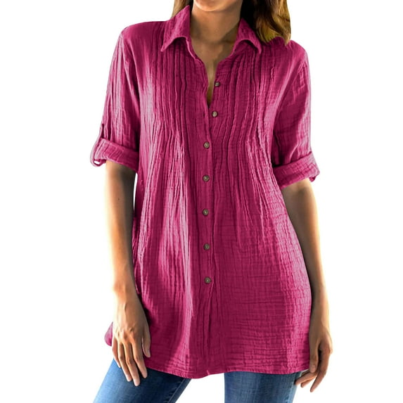 Pleated Button Down Shirts for Women Rolled Up 3/4 Length Sleeve Tops Dressy Collared Work Blouses