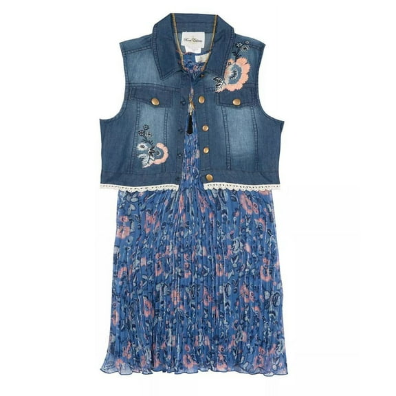 Pleated Chiffon Dress Denim Vest 2 Piece Set Blue 16
