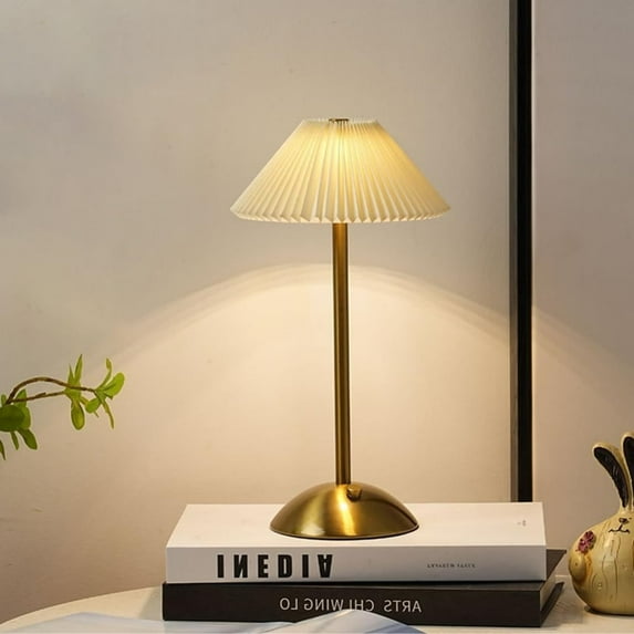 Pleated Cordless Table Lamp,Rechargeable Metal LED Desk Lamp 3 Color Stepless Dimming,Minimalist Portable Night Light for Bedroom Living Room Restaurant Outdoor Camping