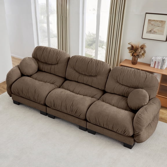 Pleated Design Cozy Chenille Fabric 3 Seater Modular Sofa with High-Density Ergonomic Foam Seat, Curved Round Armrests and 2 Round Throw Pillows,Brown