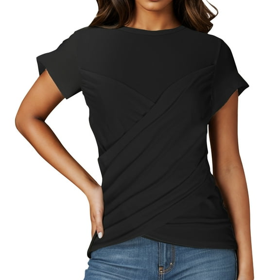 Pleated Detail Workout Top Solid Color Slim Fit Round Neck Short Sleeve Shirt for Women Yoga Gym