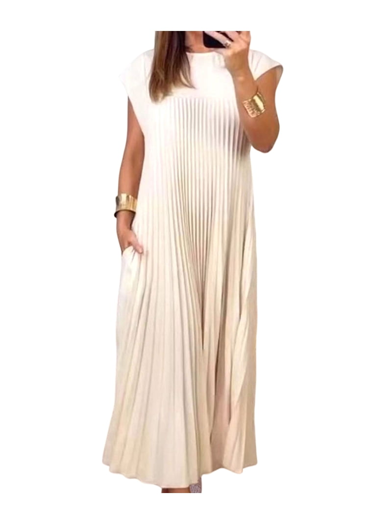 beige pleated maxi dress Women's Eternal Bloom Straight Across Pleated Maxi Dress XS/S/M/L/XL/Customize Light Beige MEAN BLVD Light Beige / M main image 0