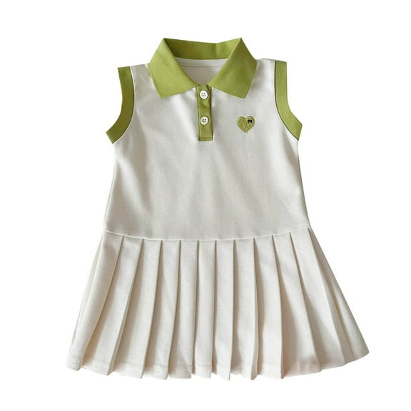 Pleated Dresses for Girls Sleeveless Size 2-13 Toddlers Teens Cute Color-Block Pullover Button Collared Soft Tennis Athletic Dress