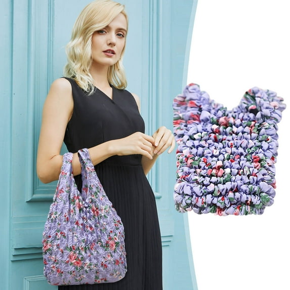 Pleated Foldable Chiffon Shopping Tote Bag, Large Reusable Elastictote with Soft Shoulder Friendly Strap, Water Resistant for Grocery Travel Storage (C)