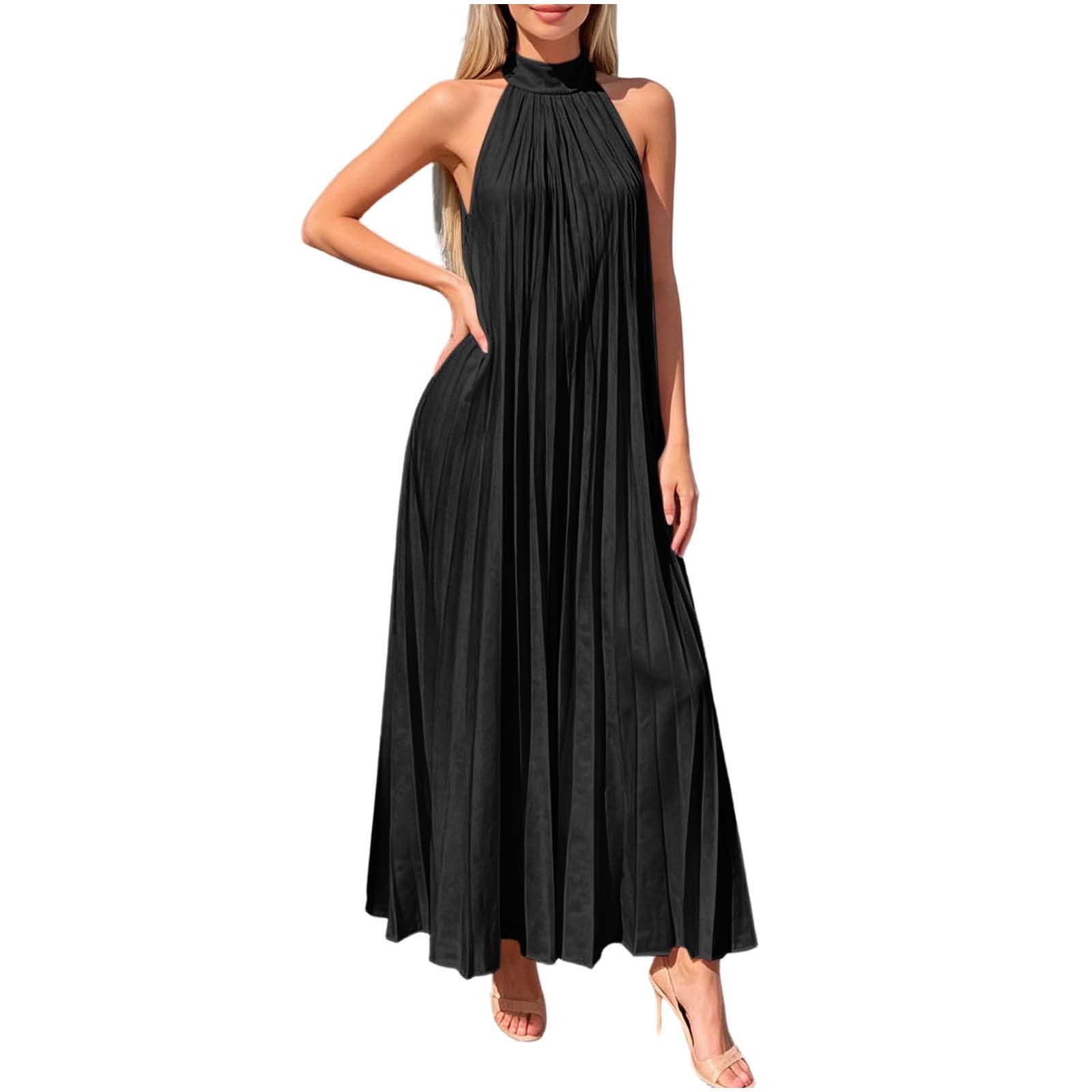 Hinvhai Pleated Halter Midi Dress for Women, High Neck Sleeveless Oversized Loose Solid Beach Casual Dress Black S(s), Women's, Size: Small