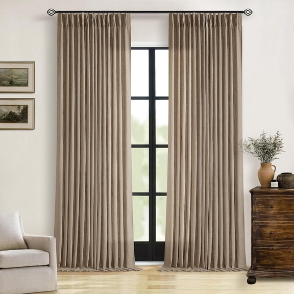 Pleated Linen Curtains 40"W x 96"L Pack of 2 Semi Sheer Light Filtering Pinch Pleat Drapes in Latte