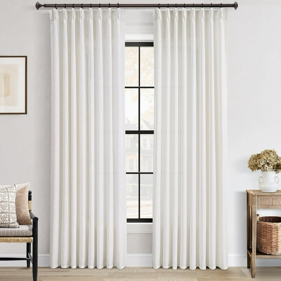 Pleated Linen Semi-Sheer Curtains 90" Long, Modern Elegant Textured Thick Drapes, Neutral Off White, 2 Panels