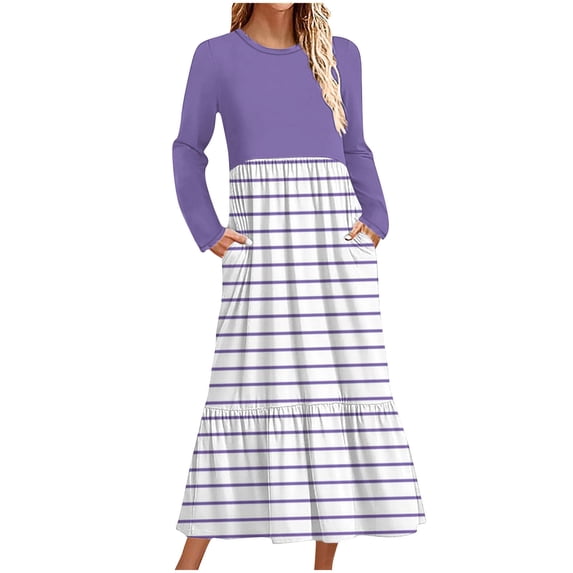 Pleated Maxi Dress Women's Fall Long Sleeve Maxi Dresses Casual Crew Neck Flowy a Line Wedding Guest Dress with Pockets S-193