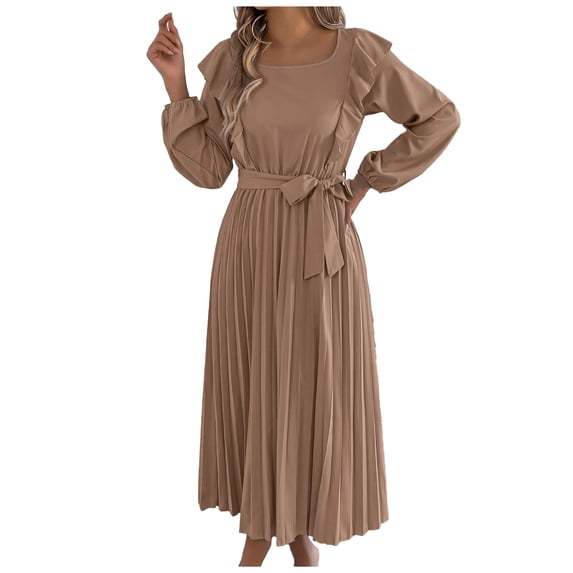Pleated Maxi Dress for Women Square Neck A Line Gown Long Sleeve Ruffle ...