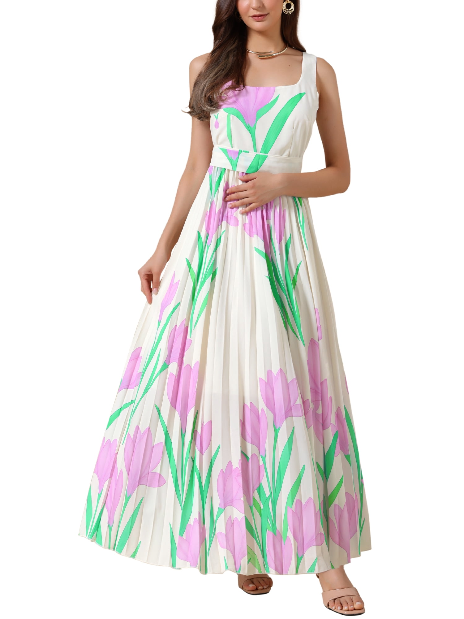 INSPIRE CHIC Pleated Maxi Dresses for Women's Square Neck High Waist Casual  Long Floral Flare Dress M Beige