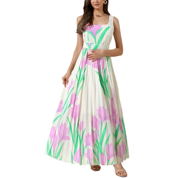 INSPIRE CHIC Pleated Maxi Dresses for Women's Square Neck High Waist Casual Long Floral Flare Dress M Beige