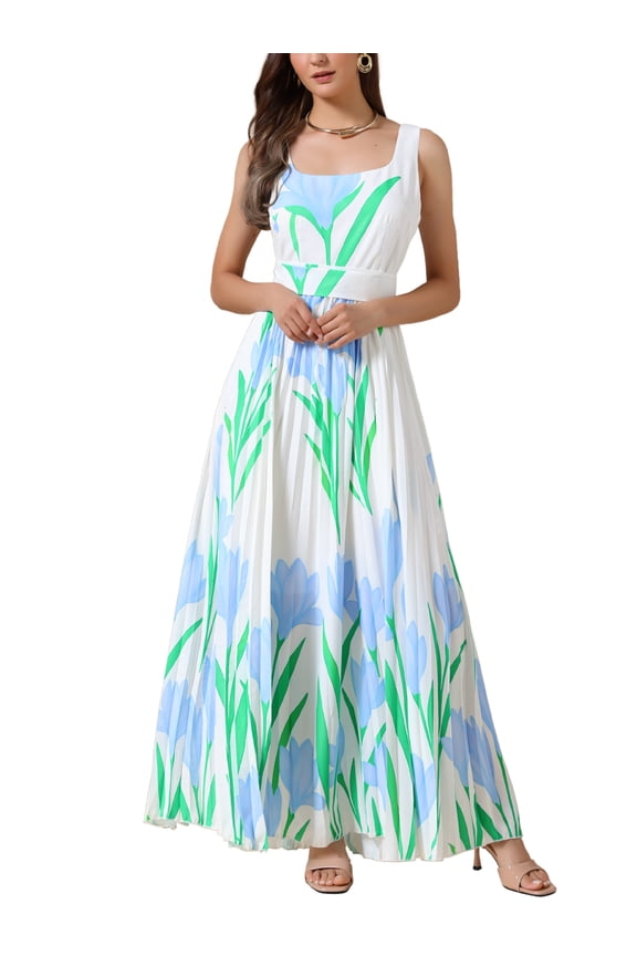 Pleated Maxi Dresses for Women's Square Neck High Waist Casual Long Floral Flare Dress M White