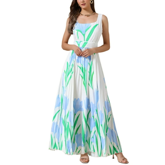 INSPIRE CHIC Pleated Maxi Dresses for Women's Square Neck High Waist Casual Long Floral Flare Dress S White