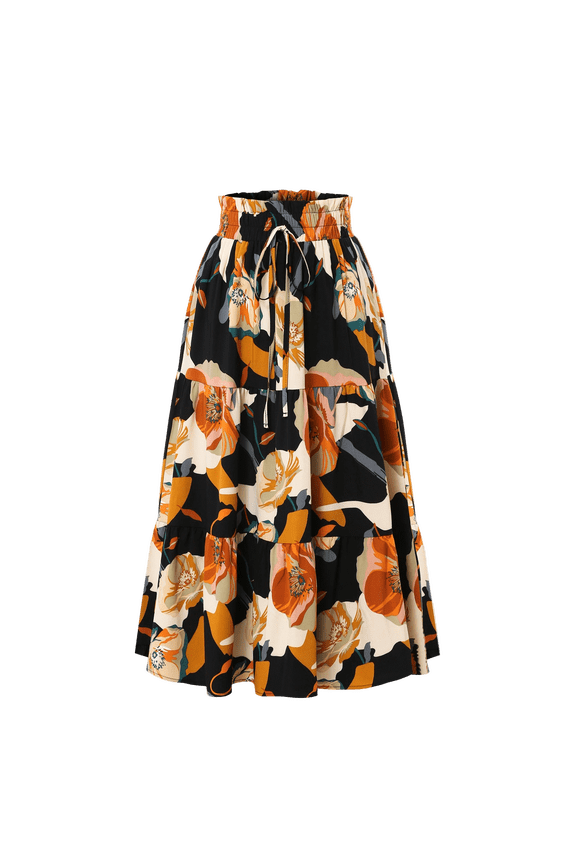 Pleated Maxi Skirt Women Petite Elastic Ankle Length Ruffle Tiered Smocked Floral Skirts Boho Drawstring High Waisted Adjustable Dressy Skirts Black Flower L