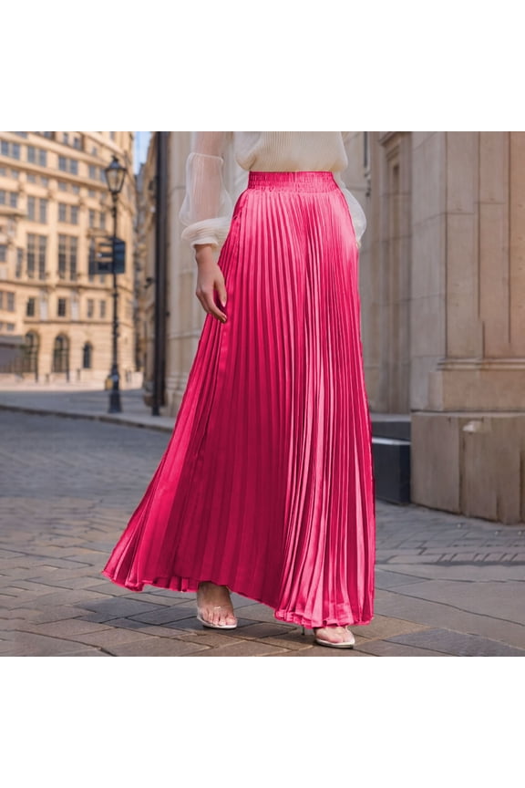 Pleated Maxi Skirts for Women Elastic Waist Boho Flowy A Line Long Skirts Womens Summer Casual Solid Loose Fits Lightweight Comfy Beach Vacation Skirt Dresses