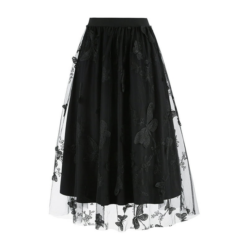 Pleated Mesh Skirts Womens Mid Length Embroidered Butterfly