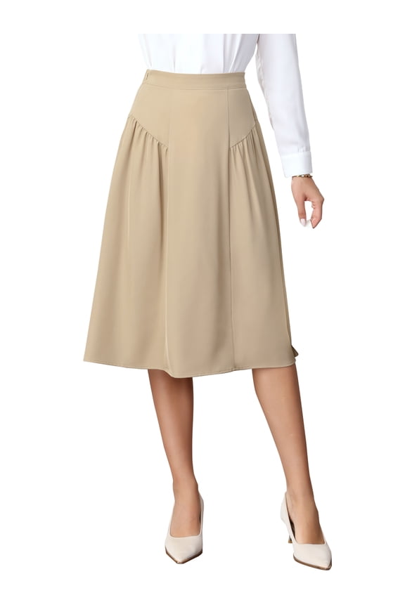 Pleated Midi Skirt for Women Vintage High Waisted Flowy A-Line Casual Work Skirts XS Khaki