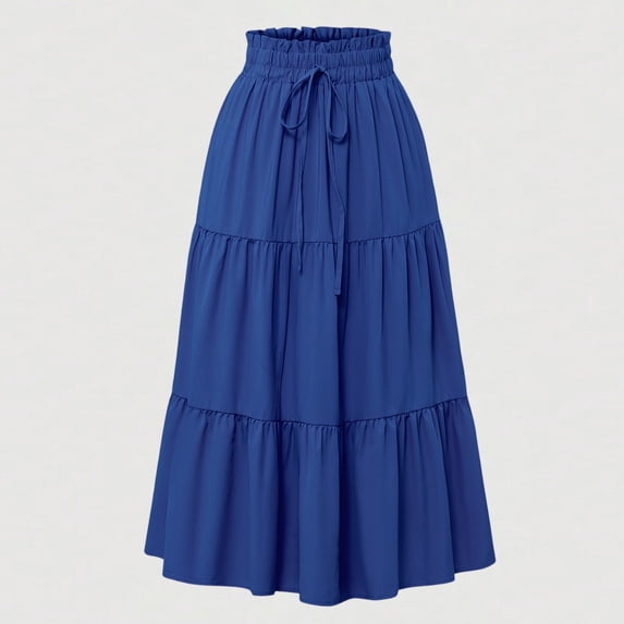 Pleated Midi Skirts for Women Boho Flowy Ruffle Solid Skirts Holiday Beach Vacation A Line Renaissance Skirts, L