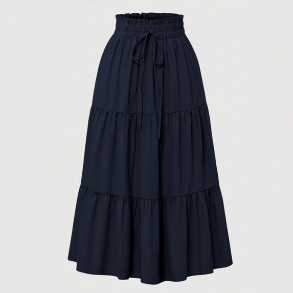 Pleated Midi Skirts for Women Boho Flowy Ruffle Solid Skirts Holiday Beach Vacation A Line Renaissance Skirts, M