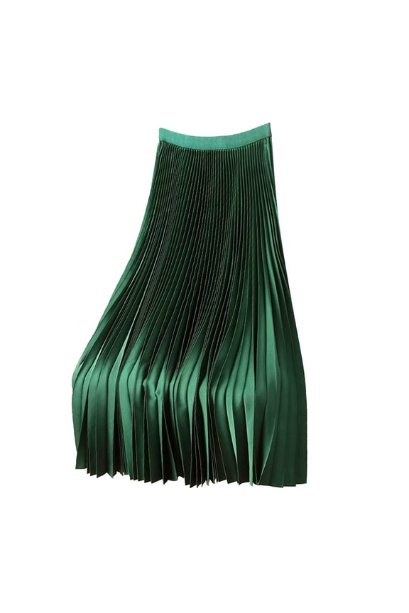 Pleated Midi Skirts for Women, Satin Metallic Pleated Long Swing Skirt Solid High Waisted Chiffon Flare Casual A Line Skirt 2025 Green XXXXL