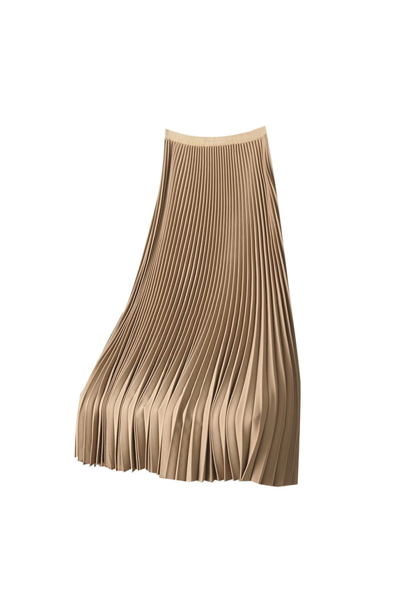 Pleated Midi Skirts for Women, Satin Metallic Pleated Long Swing Skirt Solid High Waisted Chiffon Flare Casual Skirt 2024 Beige M