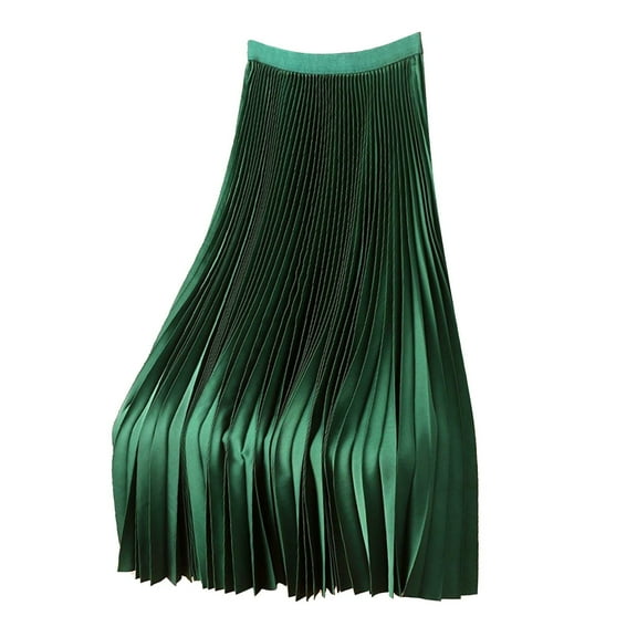 Pleated Midi Skirts for Women, Satin Metallic Pleated Long Swing Skirt Solid High Waisted Chiffon Flare Casual Skirt 2024 Green XL