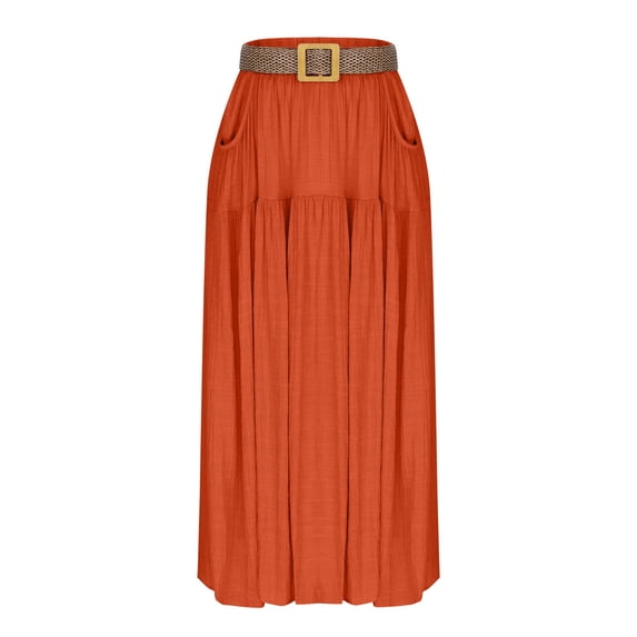 Pleated Midi Skirts for Women with Pockets Elastic High Waisted Skirt Reg Womens Summer Skirts Trendy Orange