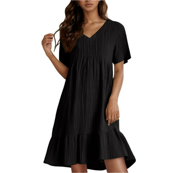 Pleated Mini Dresses for Women Smock Ruffle Tiered Layered Cotton Linen Short Sleeve Casual Short Dresses V Neck Knee Length Evening Gauze Dresses Black L