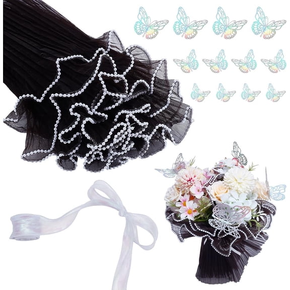 Pleated Polyester Mesh Gift Wrapping Bouquet Packaging for Valentine's Day with 1 Set Paper Butterfly Stickers and 1 Roll Polyester Organza Ribbons Black 280mm