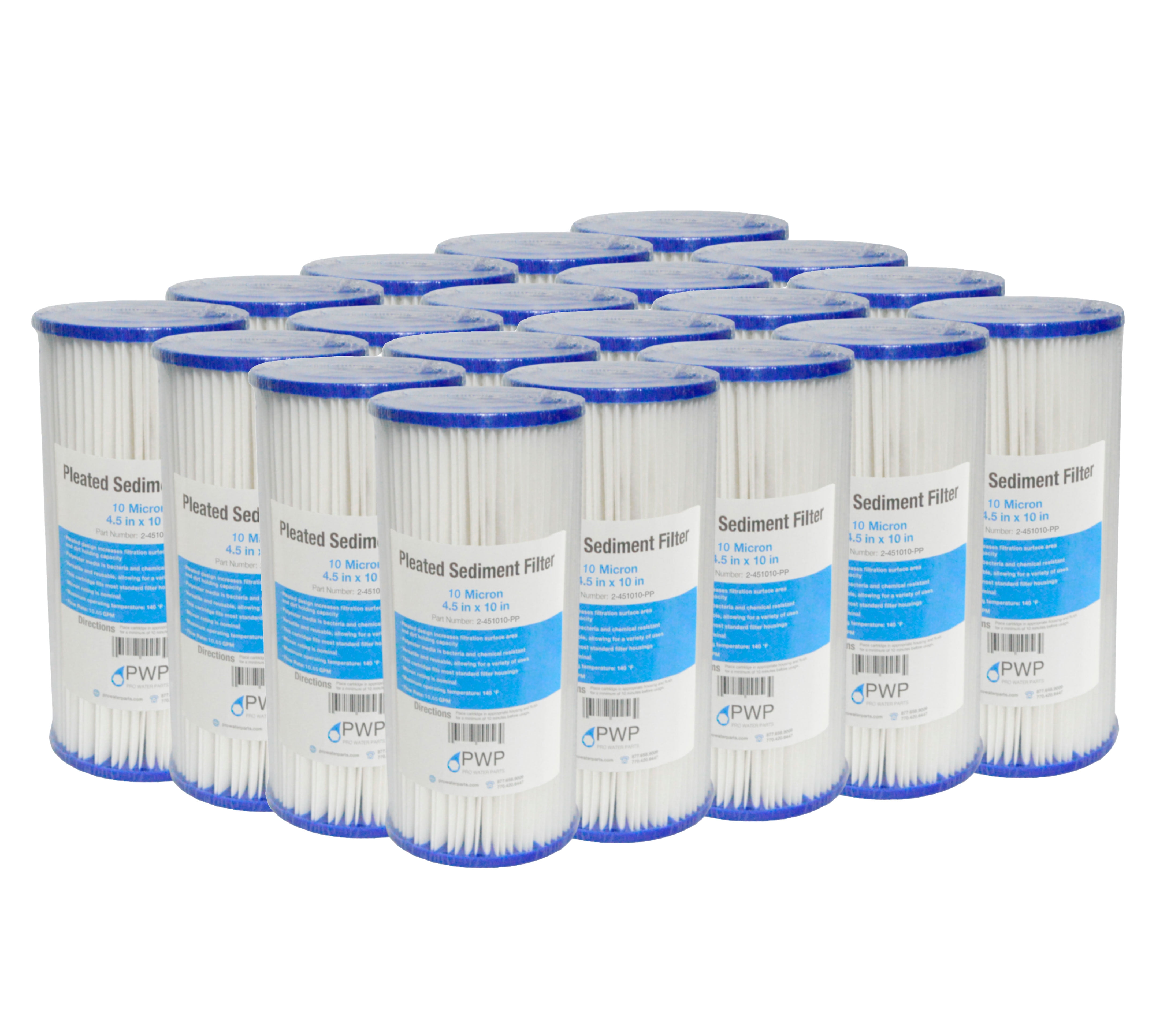Pleated Polypropylene Washable Water Filter Cartridge 4.5x10" 10 Micron 20 Pack