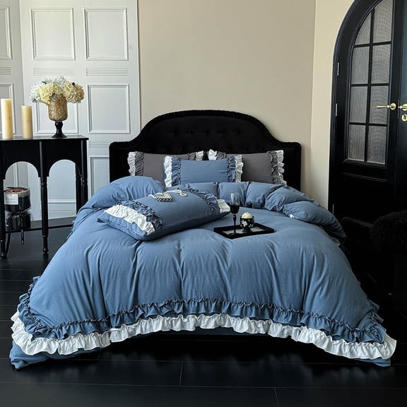 Pleated Ruffle Duvet Cover Shabby Chic Boho Bedding Soft Zipper Closure Blue King 102" x 90"(No Comforter)